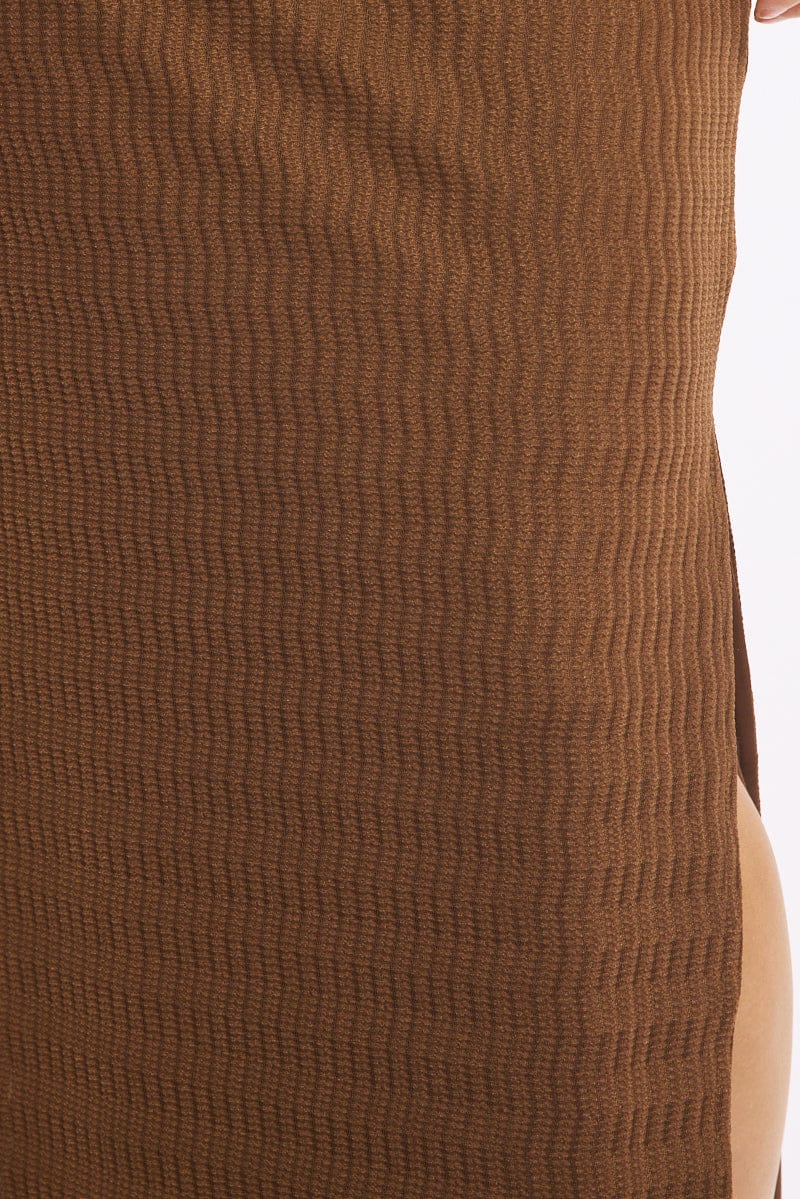 Brown Maxi Skirt Elasticated Waist Side Split Textured