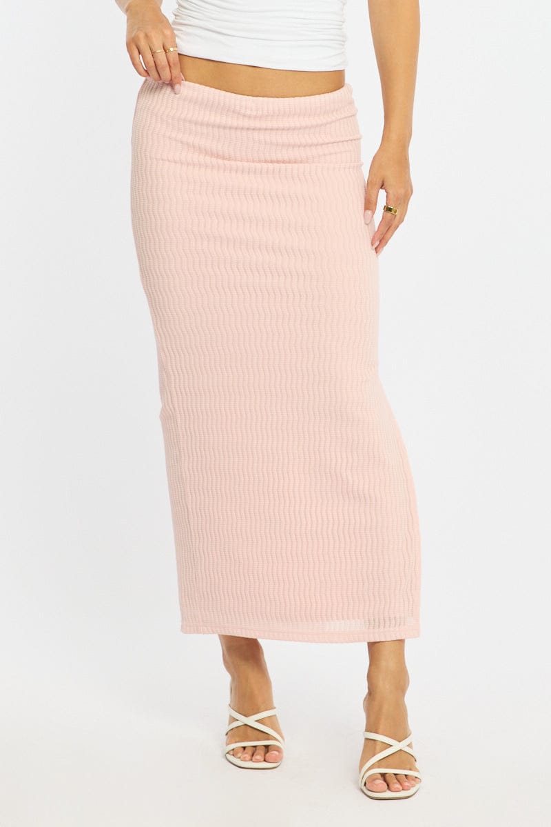 Pink Maxi Skirt Elasticated Waist Side Split Textured