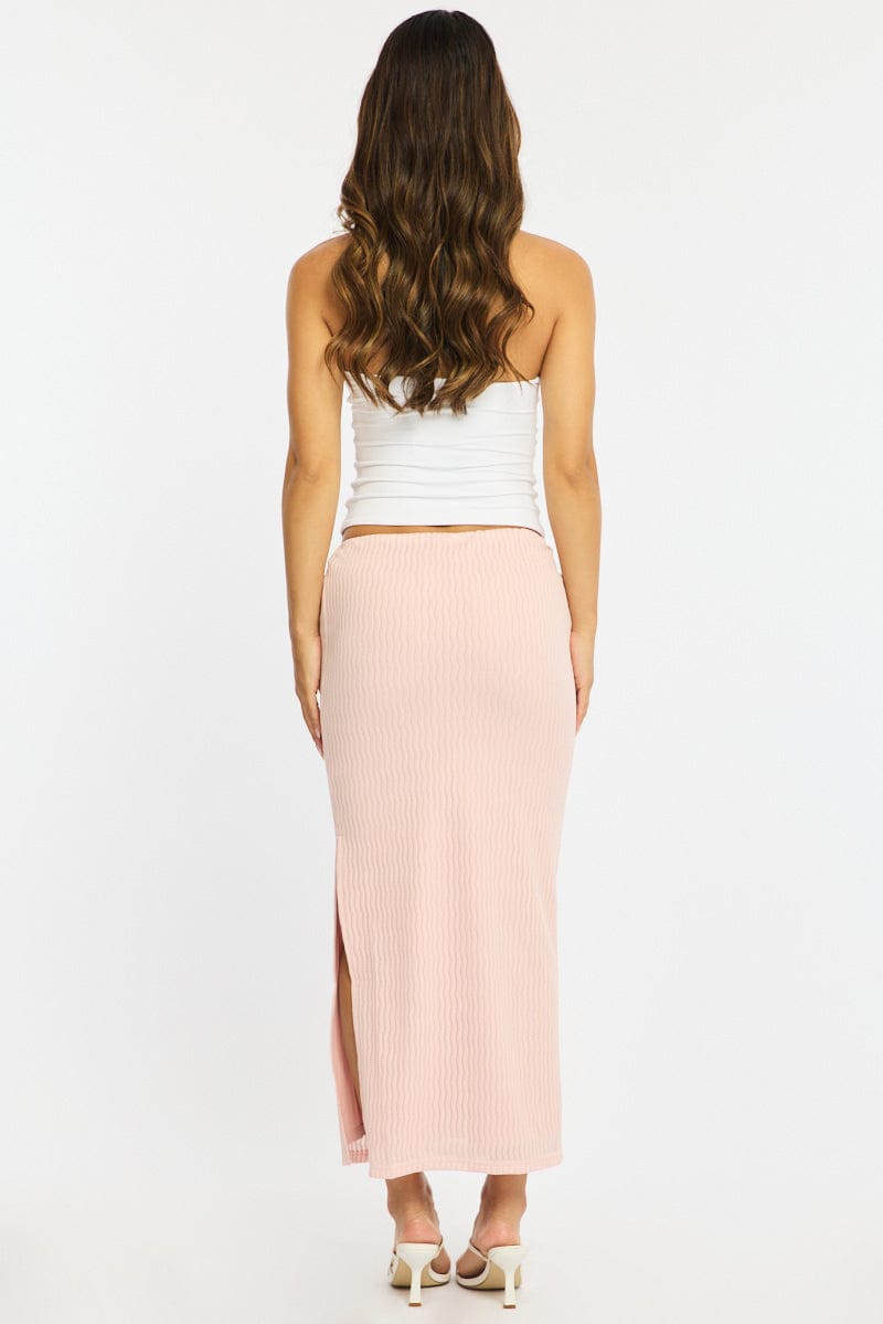 Pink Maxi Skirt Elasticated Waist Side Split Textured