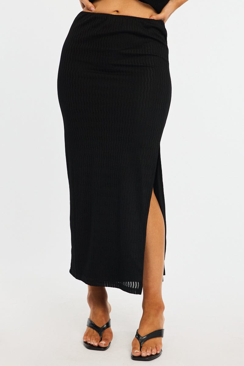 Black Maxi Skirt Elasticated Waist Side Split Textured