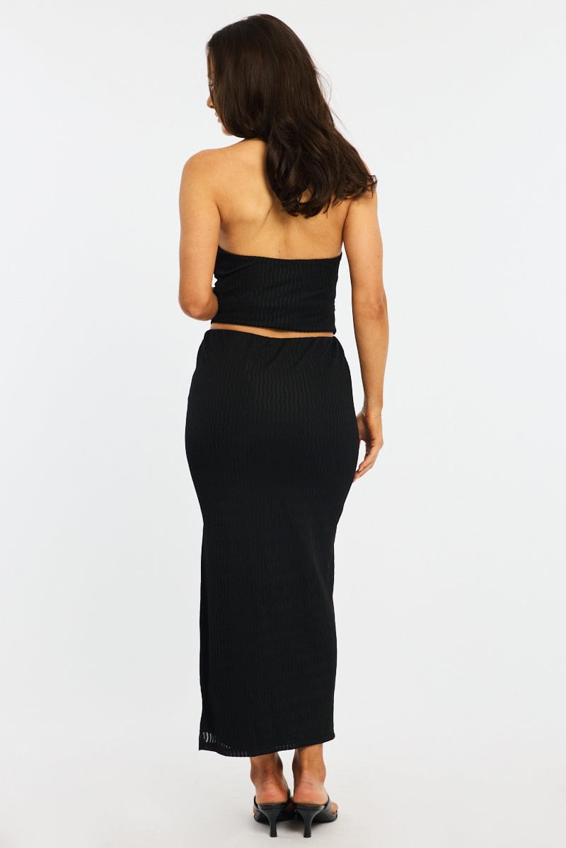 Black Maxi Skirt Elasticated Waist Side Split Textured