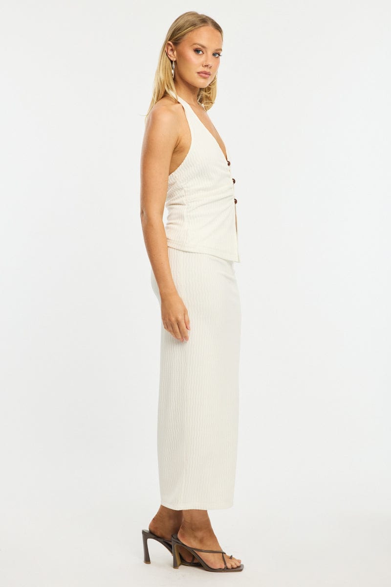 White Maxi Skirt Elasticated Waist Side Split Textured