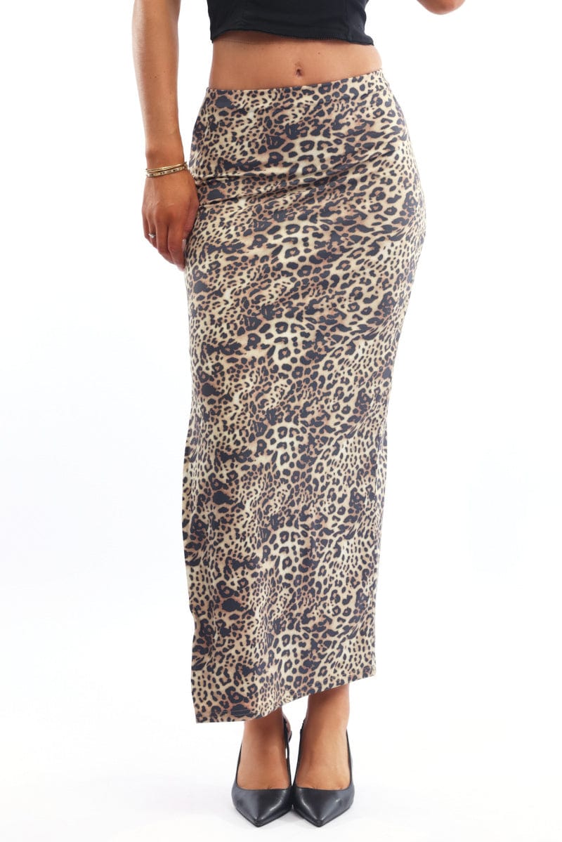 Brown Animal Print Leopard Maxi Skirt Side Split