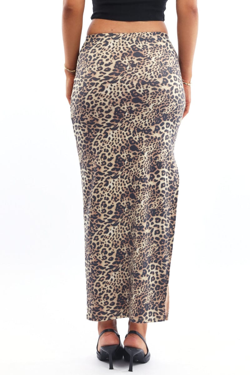 Brown Animal Print Leopard Maxi Skirt Side Split