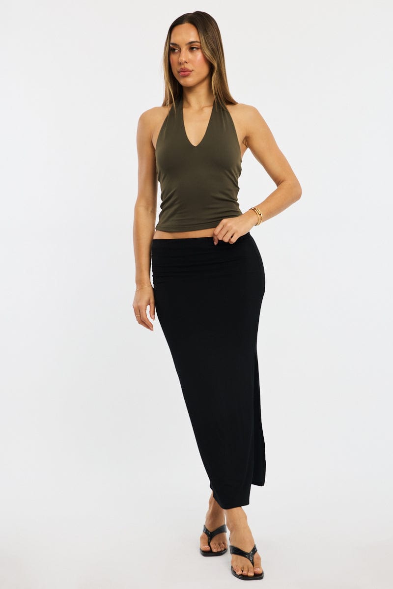 Black Maxi Skirt Elasticated Waist Side Split Lined