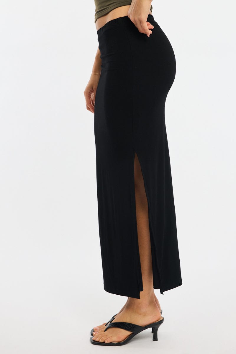 Black Maxi Skirt Elasticated Waist Side Split Lined