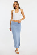 Blue Maxi Skirt Elasticated Waist Side Split Lined