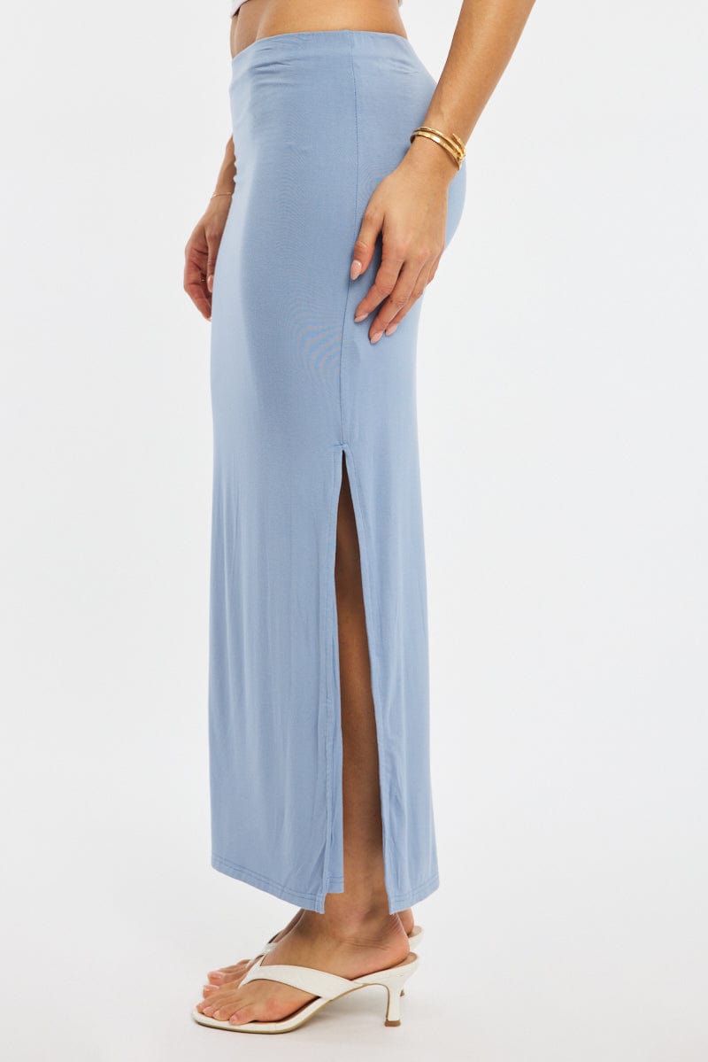 Blue Maxi Skirt Elasticated Waist Side Split Lined