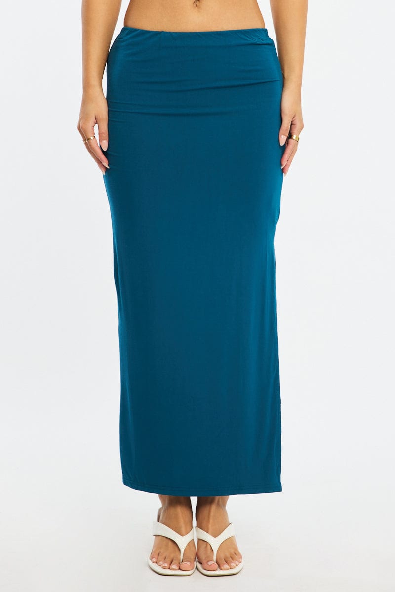 Blue Maxi Skirt Elasticated Waist Side Split Lined