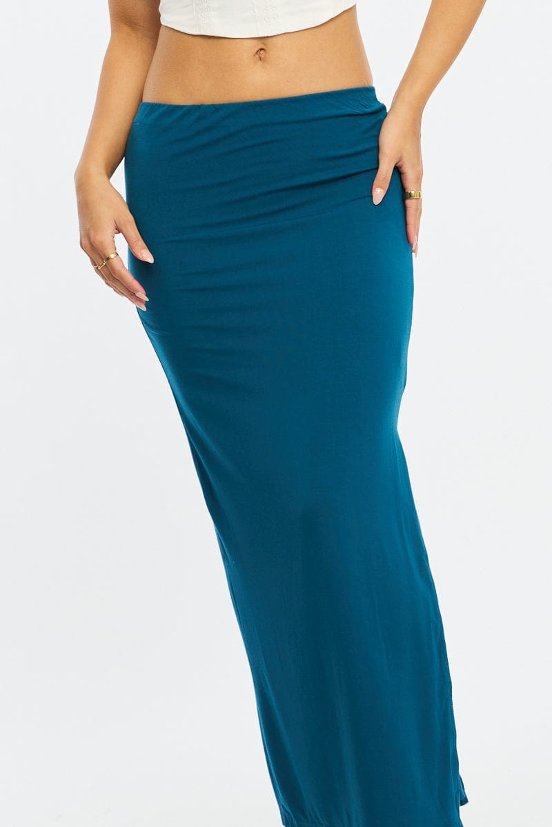 Blue Maxi Skirt Elasticated Waist Side Split Lined