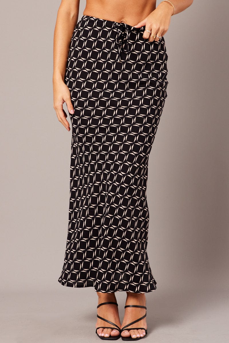 Black Geo Slip Skirt Maxi Drawstring Waist