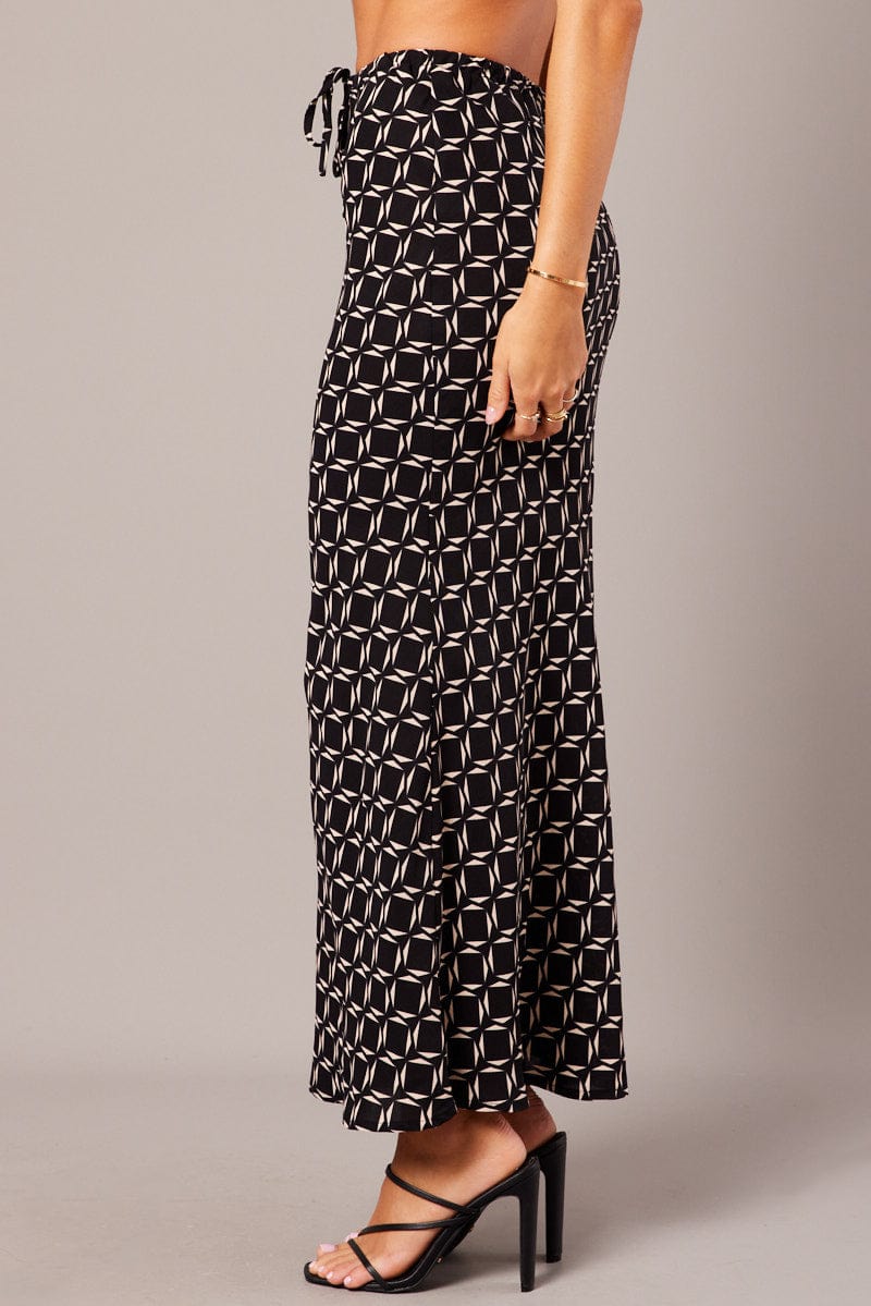 Black Geo Slip Skirt Maxi Drawstring Waist