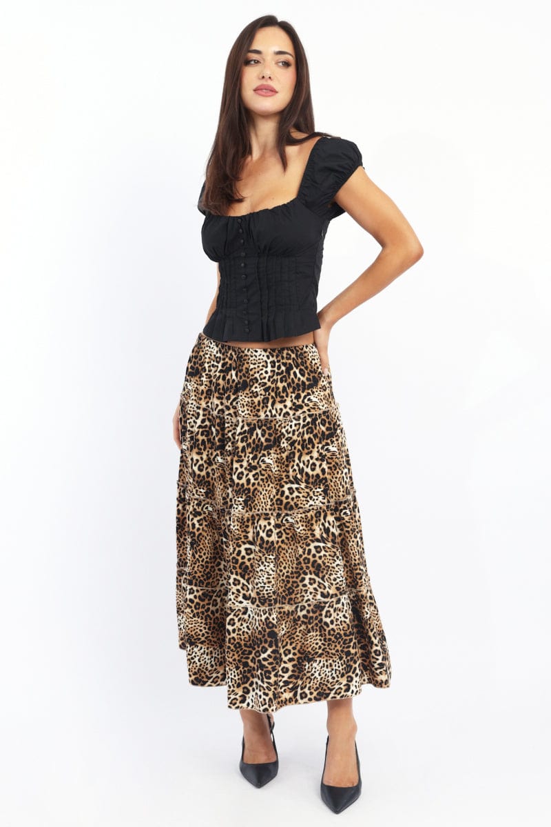 Brown Animal Print Maxi Skirt Tiered High Rise
