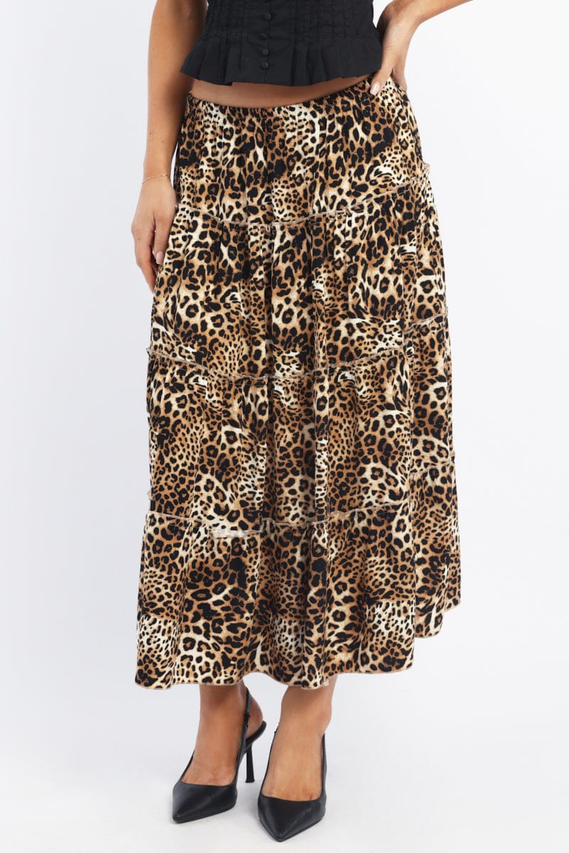 Brown Animal Print Maxi Skirt Tiered High Rise