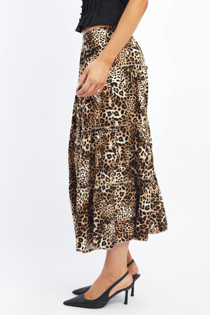 Brown Animal Print Maxi Skirt Tiered High Rise