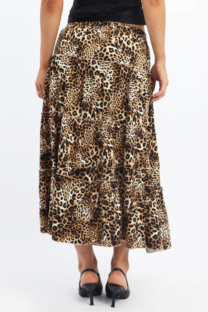 Brown Animal Print Maxi Skirt Tiered High Rise