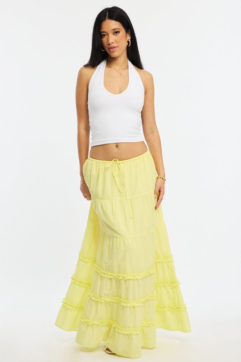 Yellow Maxi Skirt Elasticated Waist Tiered Frilled