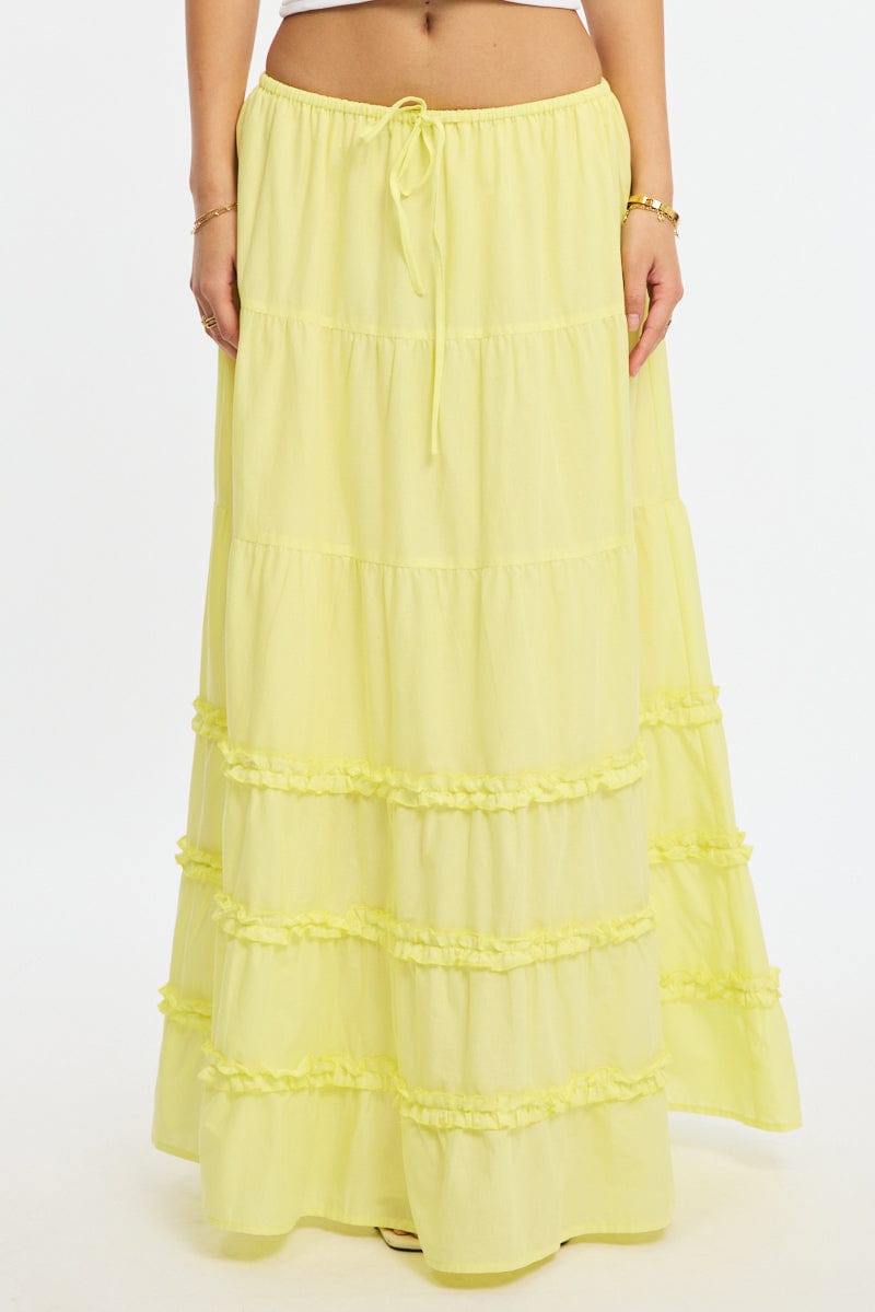Yellow Maxi Skirt Elasticated Waist Tiered Frilled