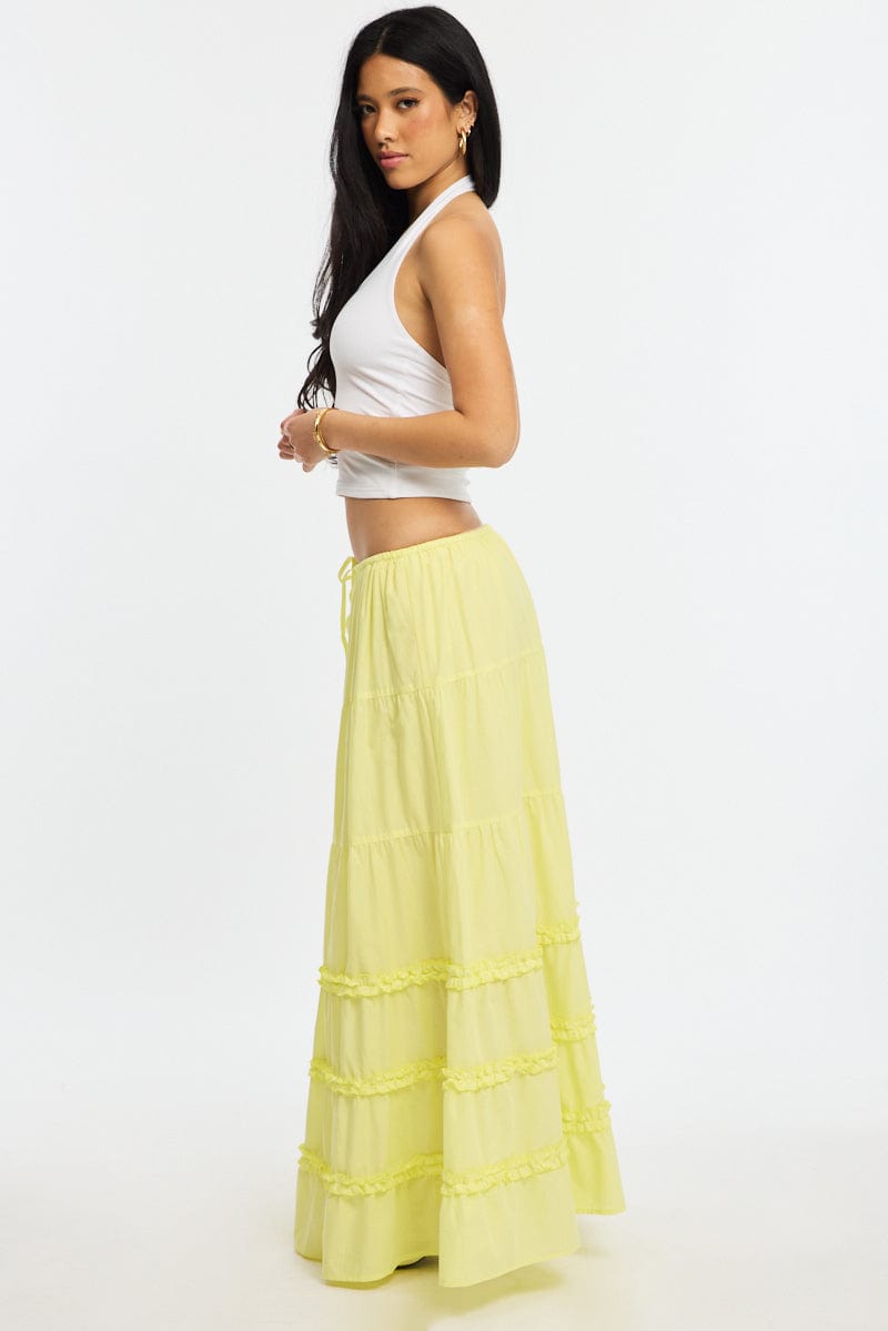 Yellow Maxi Skirt Elasticated Waist Tiered Frilled