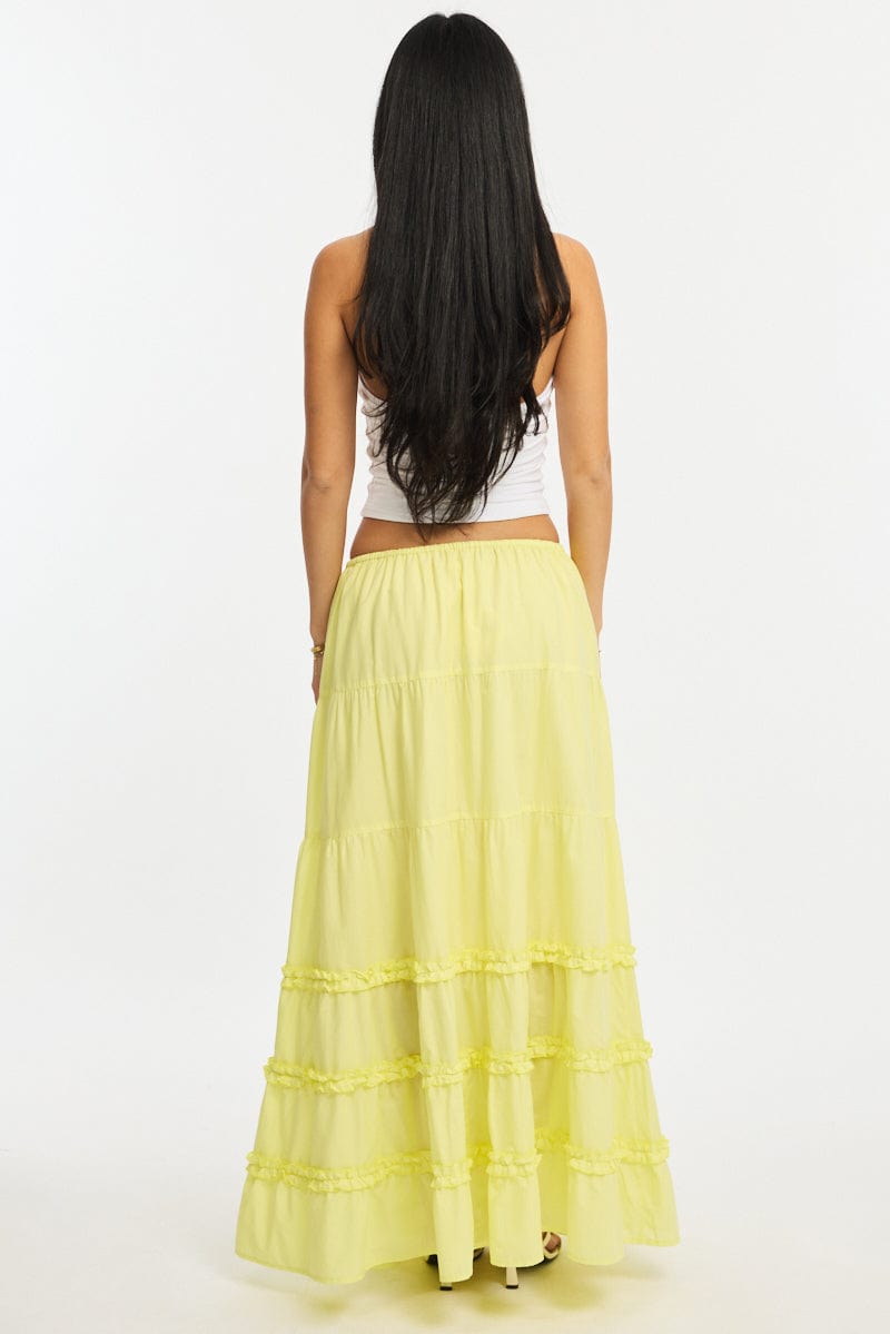 Yellow Maxi Skirt Elasticated Waist Tiered Frilled