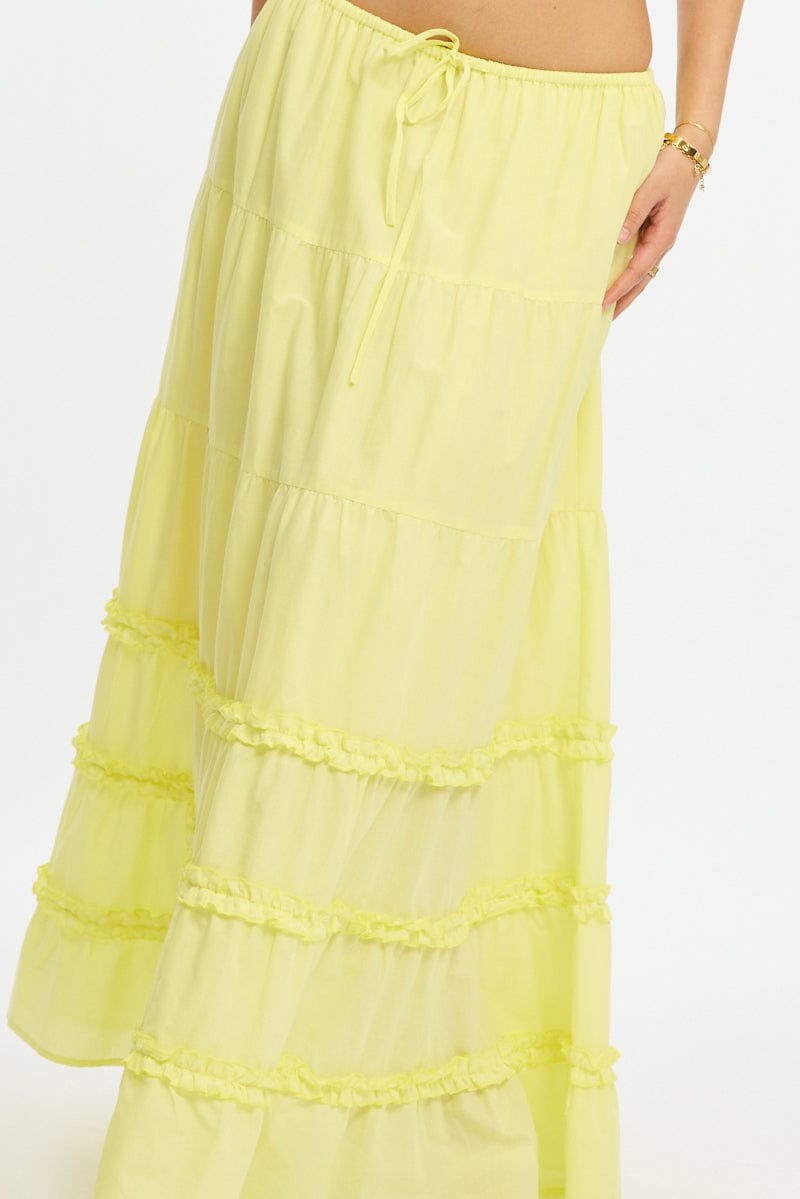 Yellow Maxi Skirt Elasticated Waist Tiered Frilled