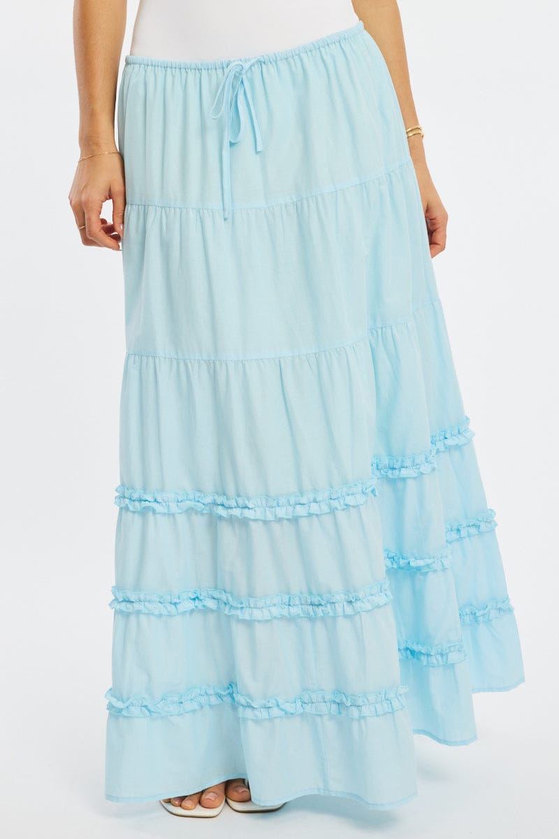 Blue Maxi Skirt Elasticated Waist Tiered Frilled