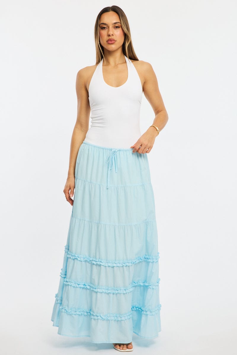 Blue Maxi Skirt Elasticated Waist Tiered Frilled