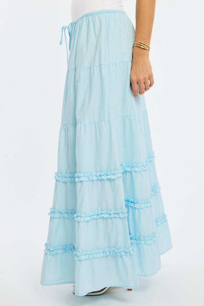 Blue Maxi Skirt Elasticated Waist Tiered Frilled