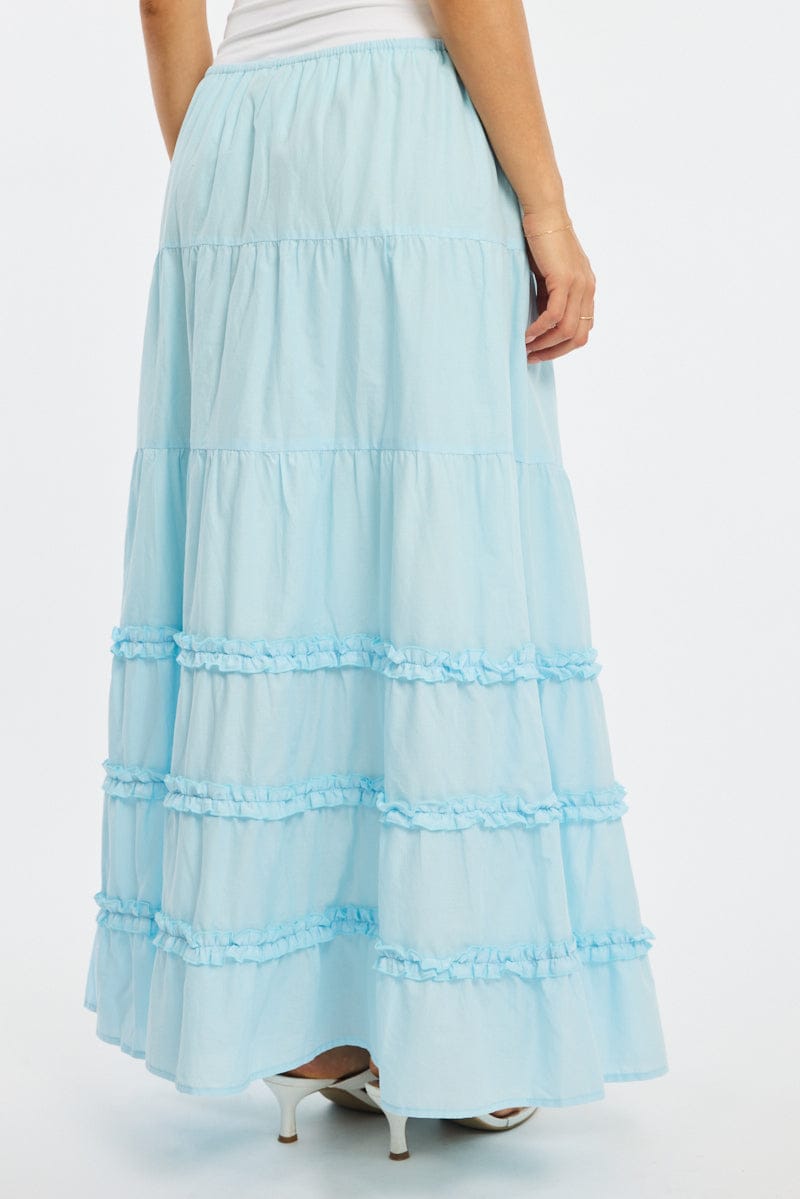 Blue Maxi Skirt Elasticated Waist Tiered Frilled