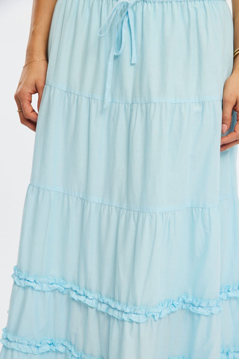 Blue Maxi Skirt Elasticated Waist Tiered Frilled