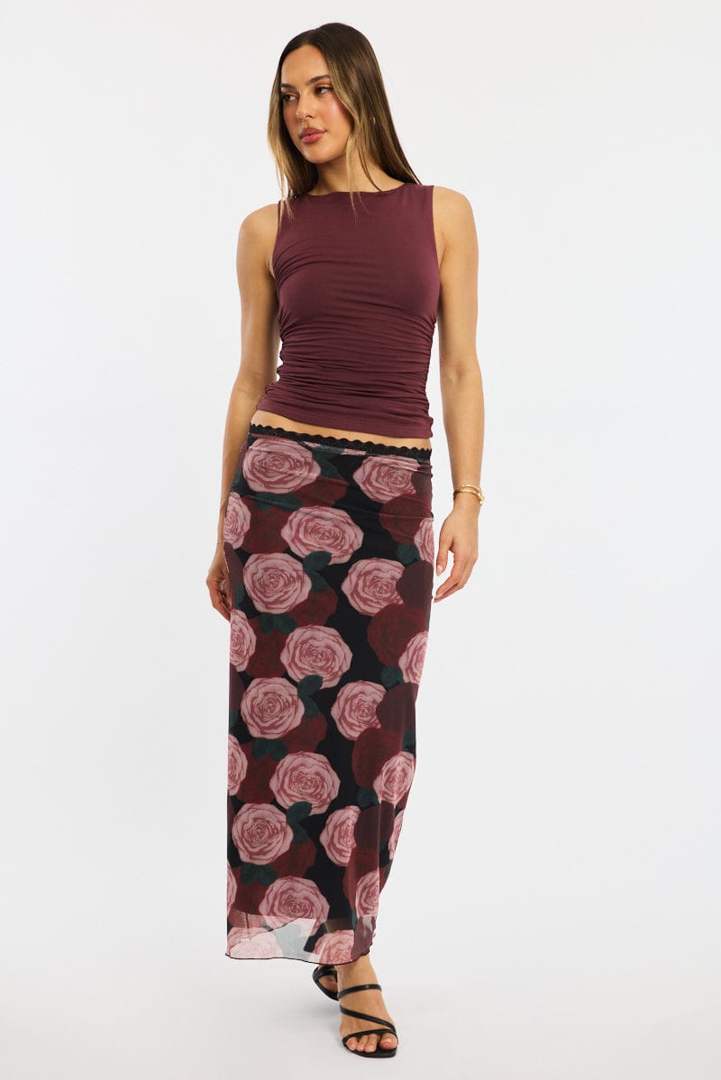 Black Floral Mesh Maxi Skirt Elastic Waist Lace