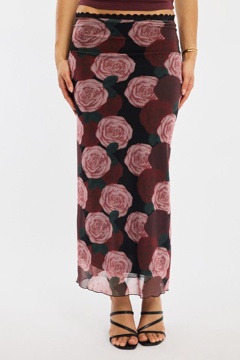 Black Floral Mesh Maxi Skirt Elastic Waist Lace