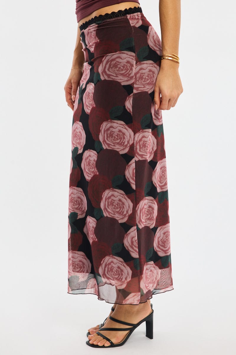 Black Floral Mesh Maxi Skirt Elastic Waist Lace
