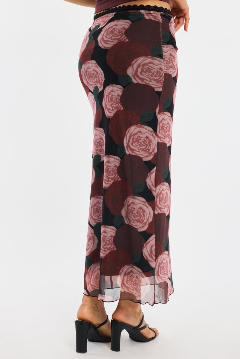 Black Floral Mesh Maxi Skirt Elastic Waist Lace