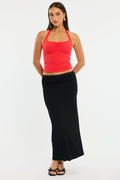 Black Maxi Skirt Elastic Waist Lace Trim Lined