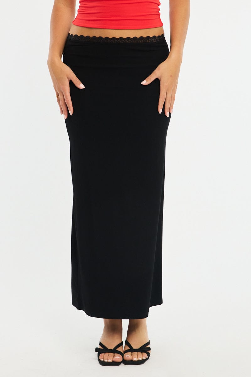 Black Maxi Skirt Elastic Waist Lace Trim Lined