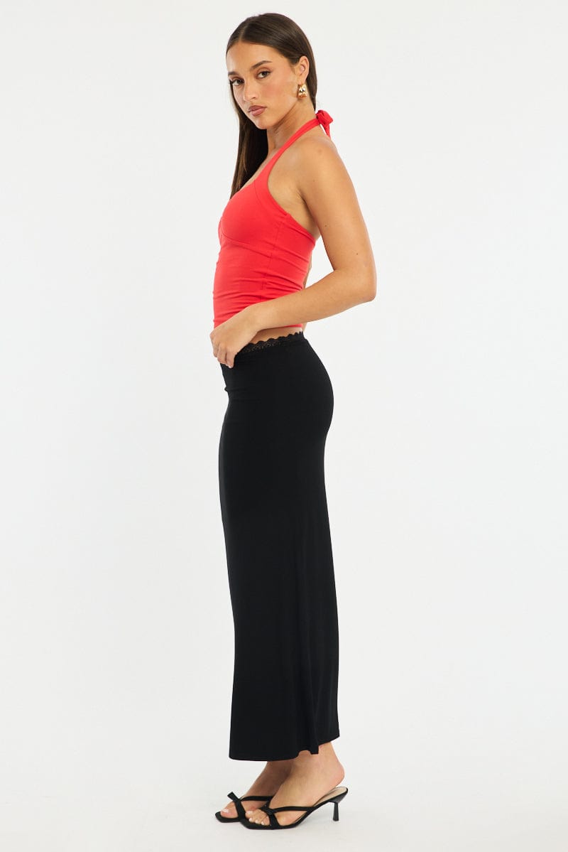 Black Maxi Skirt Elastic Waist Lace Trim Lined