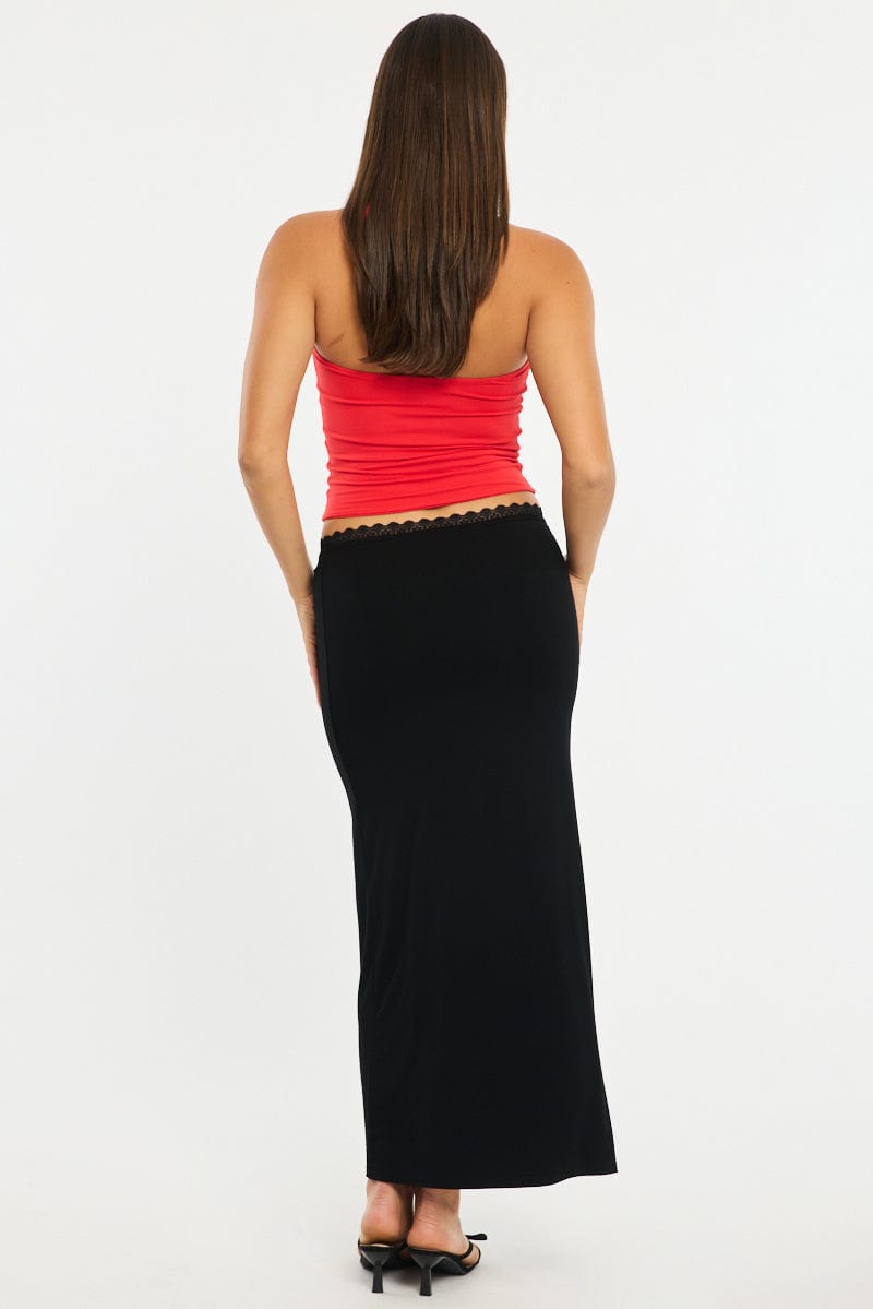 Black Maxi Skirt Elastic Waist Lace Trim Lined