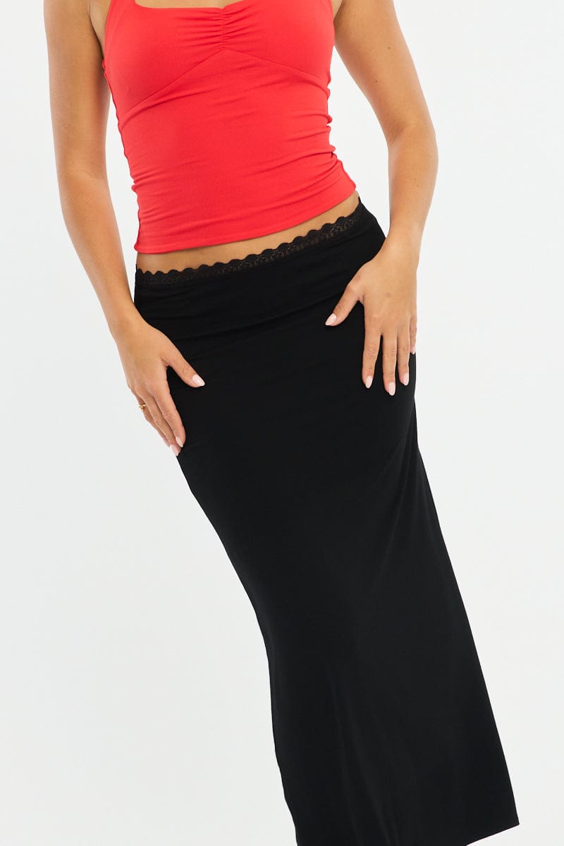 Black Maxi Skirt Elastic Waist Lace Trim Lined