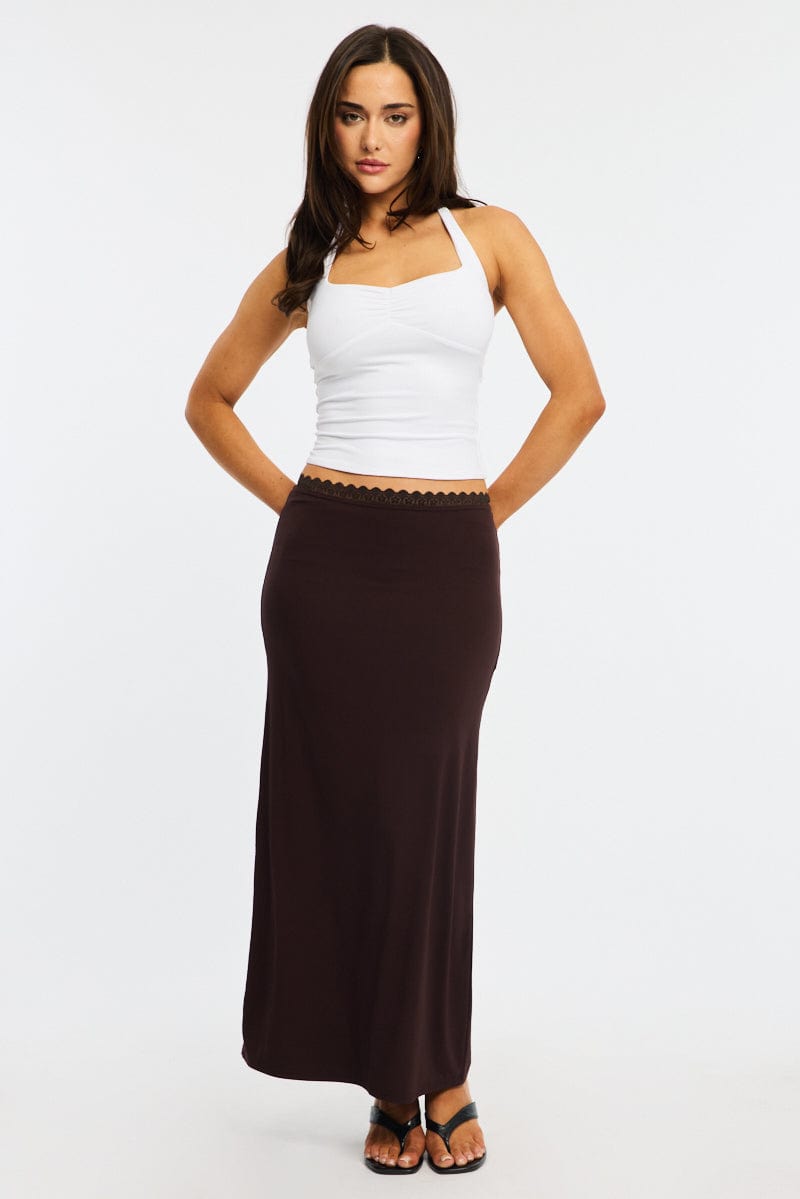 Brown Maxi Skirt Elastic Waist Lace Trim Lined