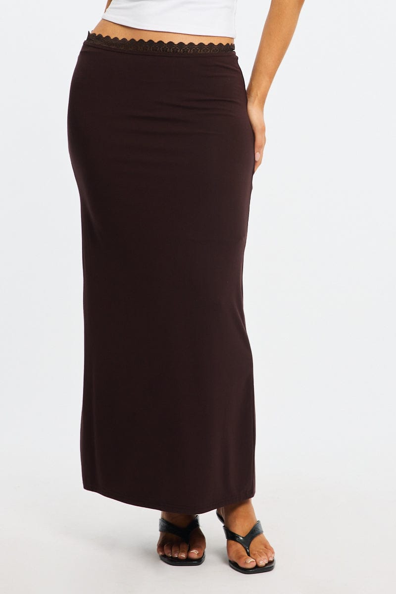 Brown Maxi Skirt Elastic Waist Lace Trim Lined