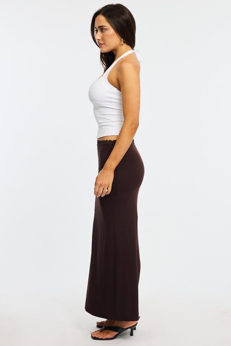 Brown Maxi Skirt Elastic Waist Lace Trim Lined