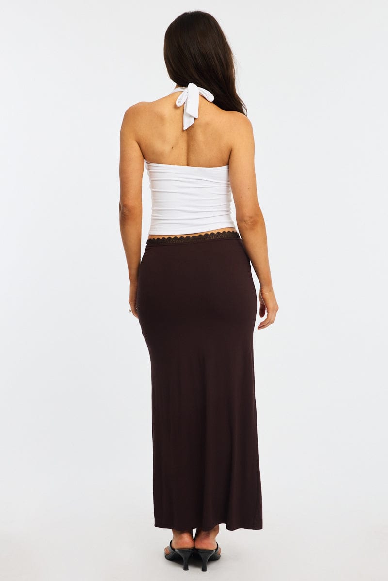 Brown Maxi Skirt Elastic Waist Lace Trim Lined