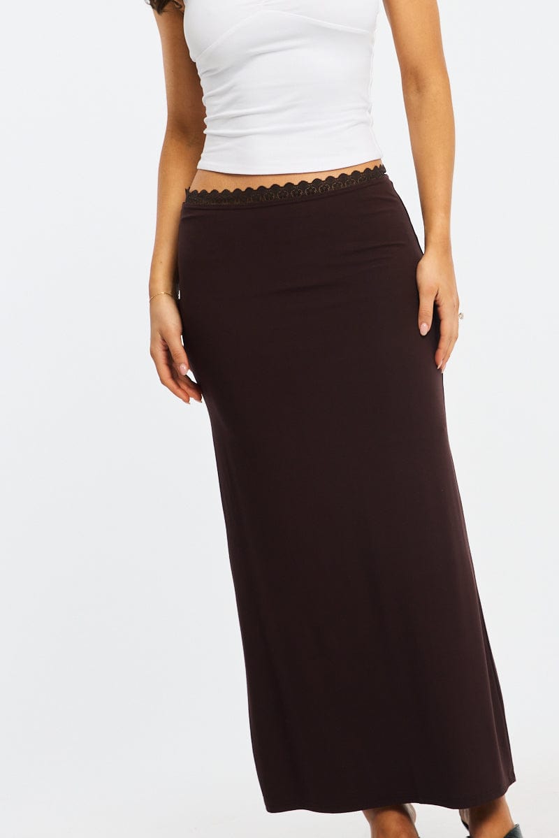 Brown Maxi Skirt Elastic Waist Lace Trim Lined