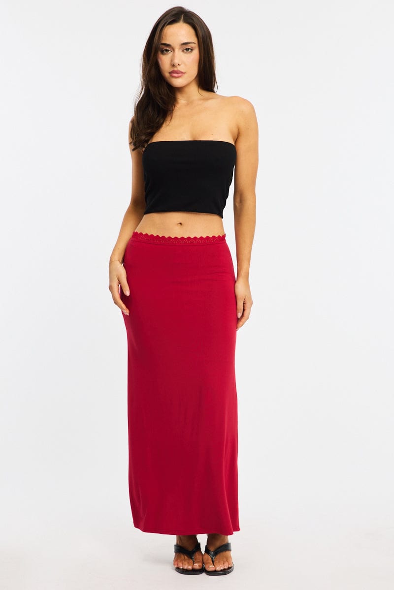 Red Maxi Skirt Elastic Waist Lace Trim Lined