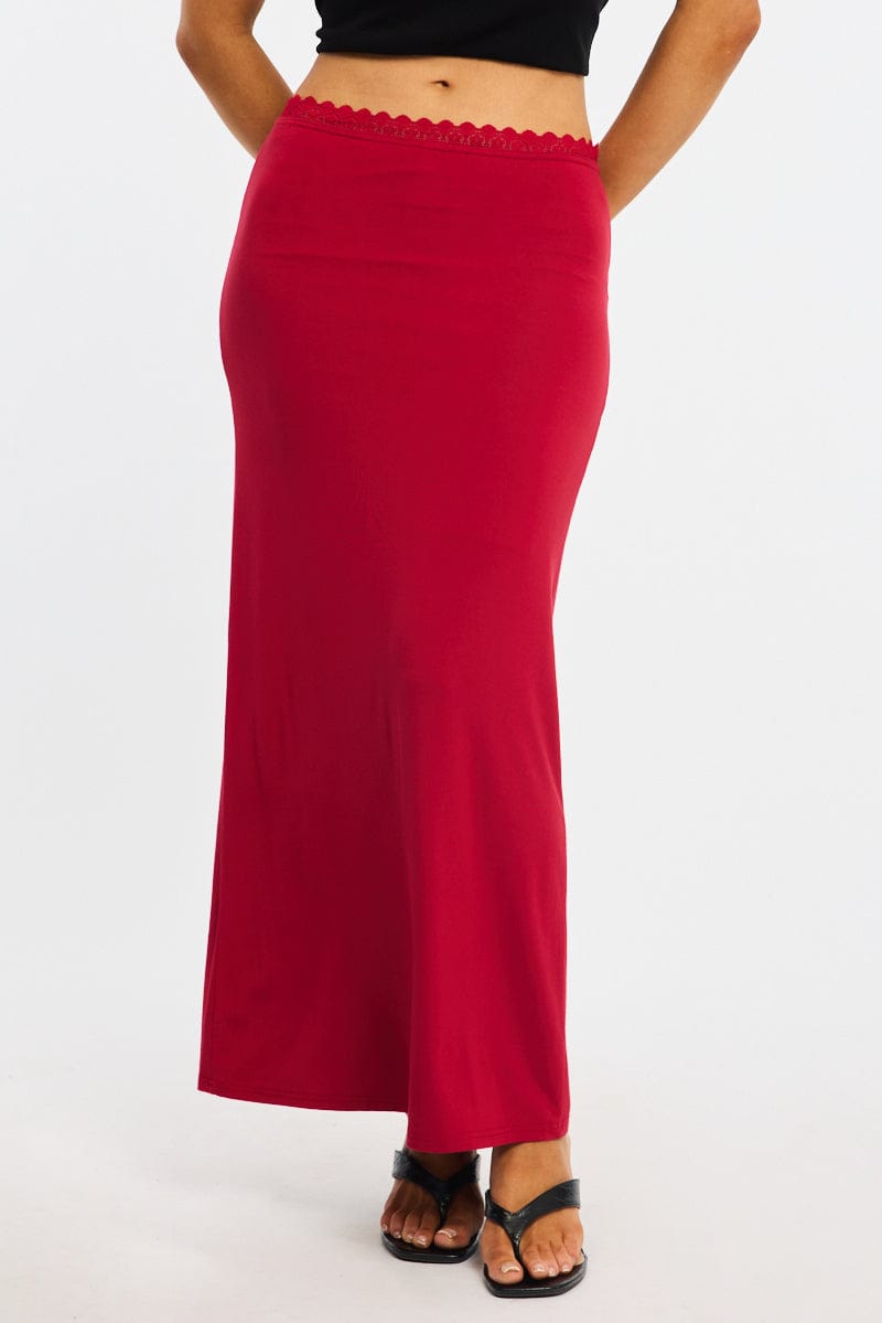 Red Maxi Skirt Elastic Waist Lace Trim Lined