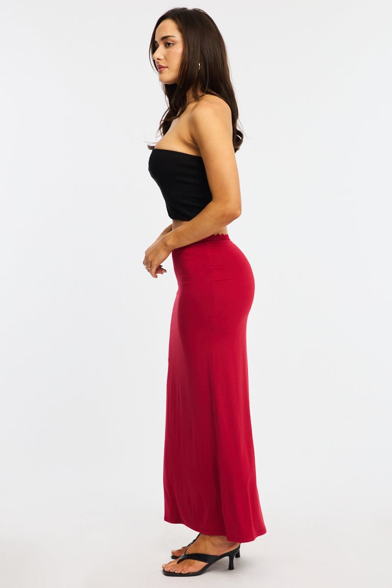 Red Maxi Skirt Elastic Waist Lace Trim Lined