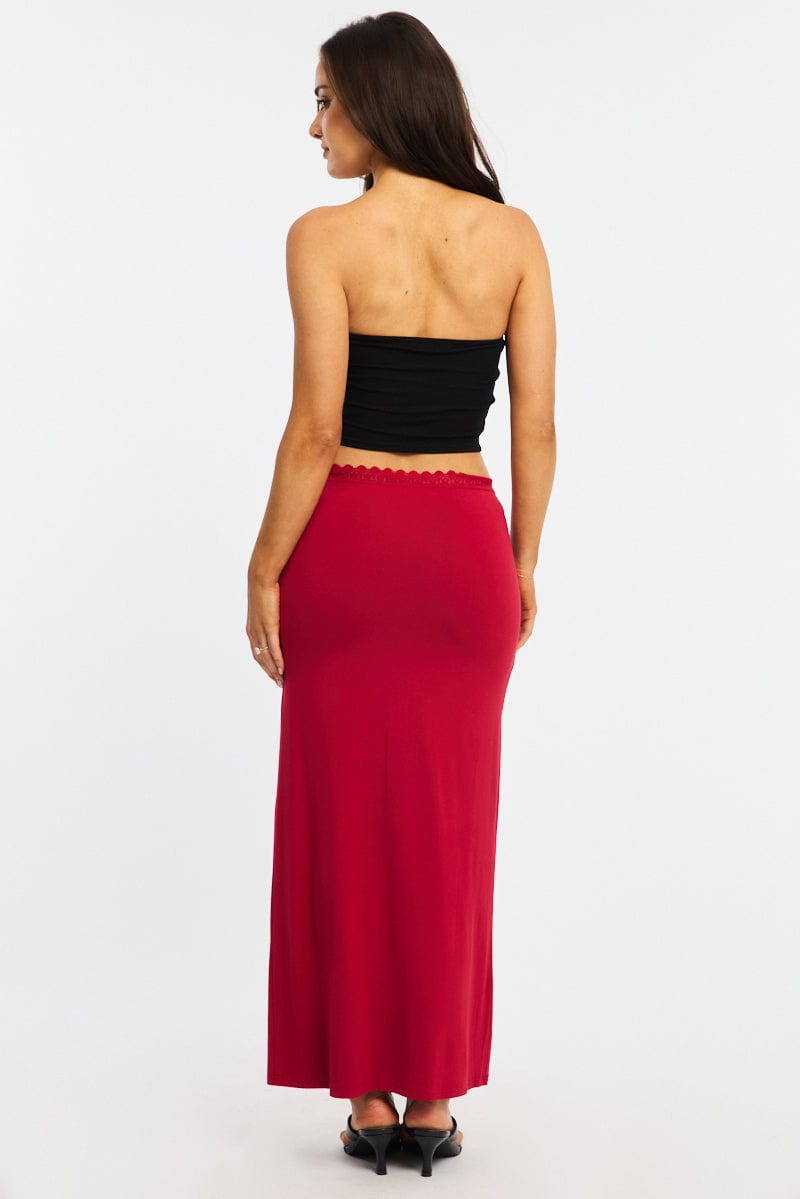 Red Maxi Skirt Elastic Waist Lace Trim Lined
