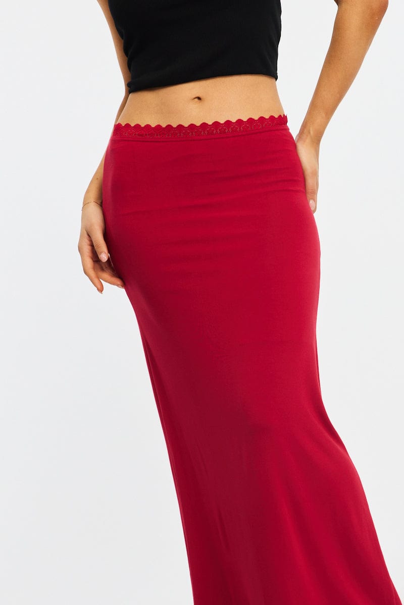 Red Maxi Skirt Elastic Waist Lace Trim Lined