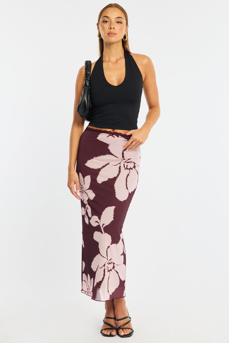 Purple Floral Mesh Skirt Elasticated Lace Trim Midaxi